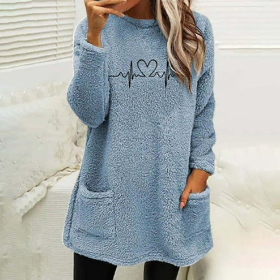 JURANMO Womens Casual Print Shirts,2024 Fall Winter Women Casual Trendy Thickened Plush Thermal Underwear Loose Cute Heart Beat Pattern Printing Classic Crewneck Pullover Tops with Pockets