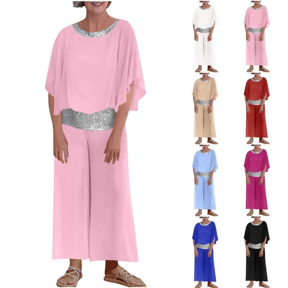 JURANMO Womens Casual Solid Color Bat Sleeves Shirts and Wide Leg Pants Chiffon 2 Piece Outfits Trendy Sequin Mother of The Bride for Wedding Guest Sky Blue M on Sale Clearance 2025