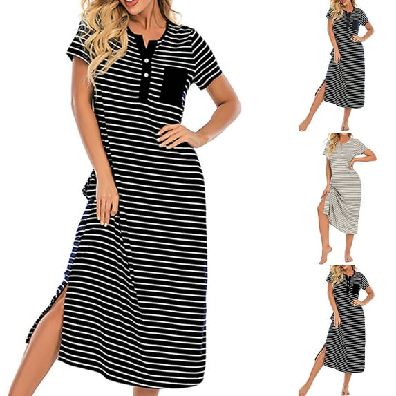 JURANMO Womens Cotton Nightgowns Soft Comfy Striped Sleep Dresses Casual Loose Long Nightdresses 2024 Fall Savings T-Navy#Cotton Nightgowns XL