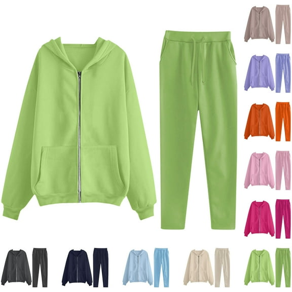 JURANMO Womens Fall Sets Zip Up Long Sleeve Hooded Sweatshirt Jackets Drawstring Straight Leg Sweatpants Matching 2 Piece Set Loose Solid Casual Sweatsuits with Pockets Khaki XXL