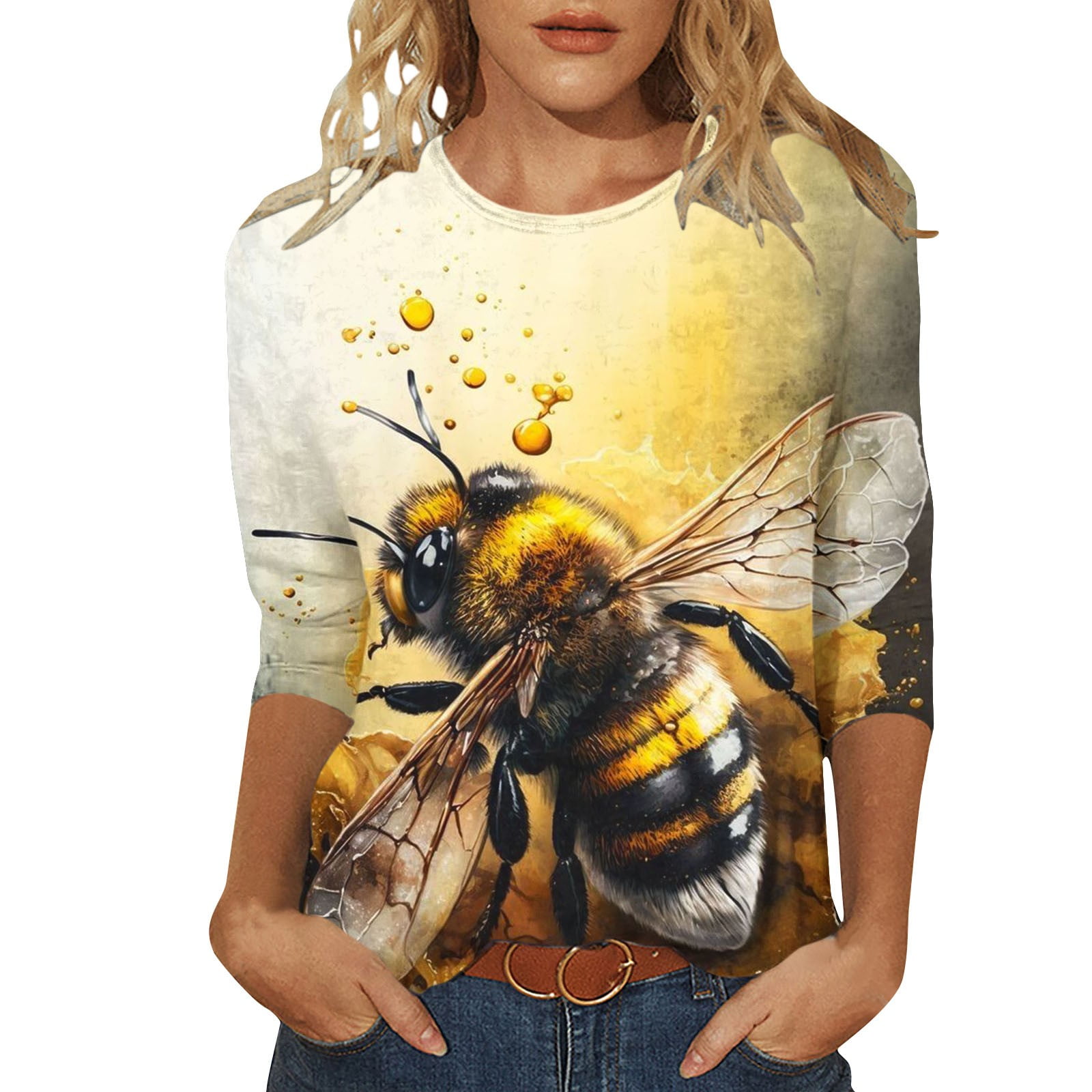 JURANMO Womens Fashion 3D Graphic Tee Shirts 3/4 Sleeve Honey Bee T