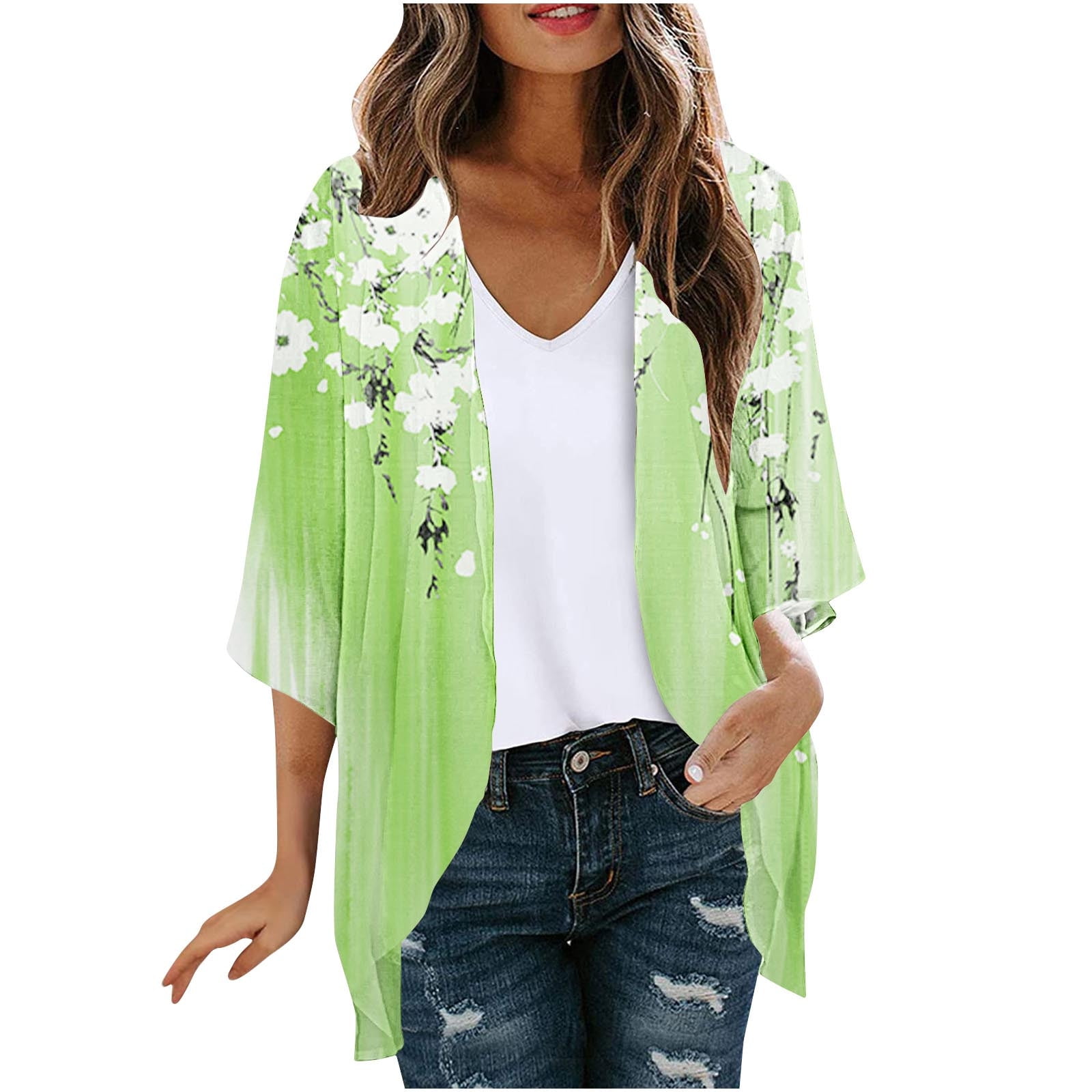 JURANMO Womens Floral Kimono Cardigans Plus Size Summer Kimono Cardigan 3 4 Puff Sleeve Lightweight Sheer Cover Up Floral Print Open Front Blouses Deals of Today Green S Walmart
