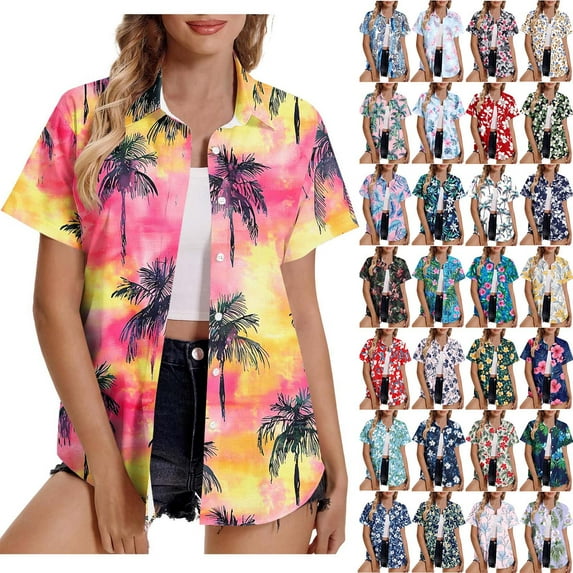 JURANMO Womens Funny Hawaiian Palm Tree Shirts Casual Button Down Beach Summer Short Sleeve Shirt Fashion Tropical Beach Tops Blue XXXXXL Todays Daily Sales Clearance