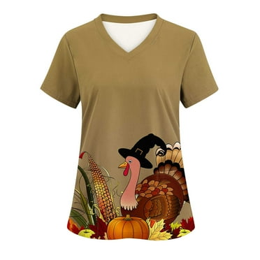 JURANMO Womens Happy Thanksgiving Scrubs Tops Trendy Turkey Print V Neck Nurse Uniform Workwear with Pockets Deals of the Day Multicolor#Army Green L