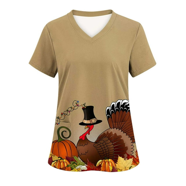 JURANMO Womens Happy Thanksgiving Scrubs Tops Trendy Turkey Print V Neck Nurse Uniform Workwear with Pockets Deals of the Day Multicolor XXL