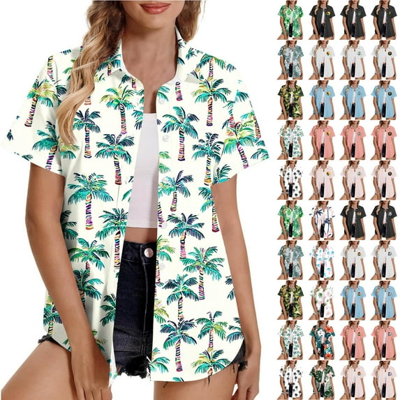 JURANMO Womens Hawaiian Shirts Summer Hawaii Floral Tropical Print Blouses Beach Short Sleeve Button Up Tops Vacation Outfits White XXXXL Today's Sales of The Day