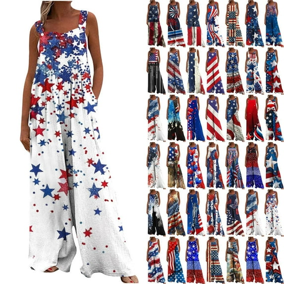 JURANMO Womens Jumpsuit 4th of July Outfits Fashion Usa Flag Print Sleeveless Cute Wide Leg Onesie Pants with Pockets Beach Vacation Clothes Blue XXL Daily Sales Clearance
