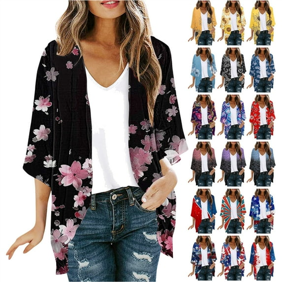 JURANMO Ladies Cardigan Casual Lightweight 3/4 Sleeve Open Front Cardigans Kimono Comfy Shrugs 2025 Summer Beach Coverups Tops Multicolor XXXXL Purses for Women Clearance