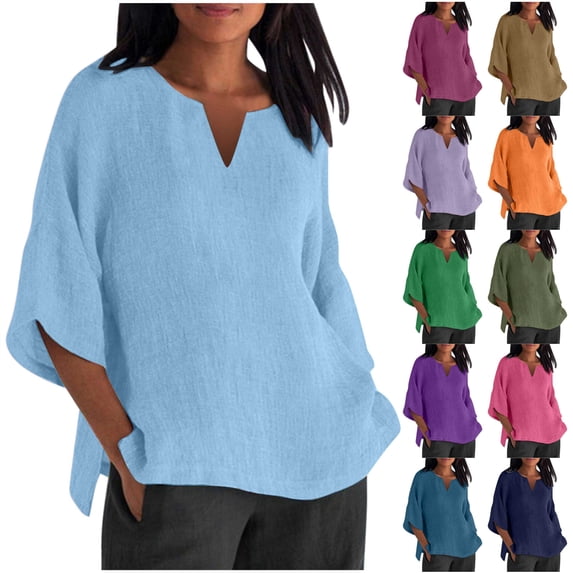 JURANMO Womens Plus Size Summer Tops Cotton Linen Loose Fit Boho Side Slit Shirts Dressy Casual Solid Color 3/4 Sleeve Blouses Tunics Hot Pink XXL Today's Lightning Sales