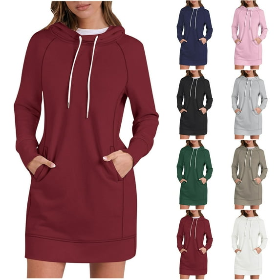 JURANMO Womens Solid Hooded Dress Drawstring Long Sleeve Tunic Hoodie Pullover Loose Fit Casual Sweatshirt Mini Dresses with Pockets ZC-Red M