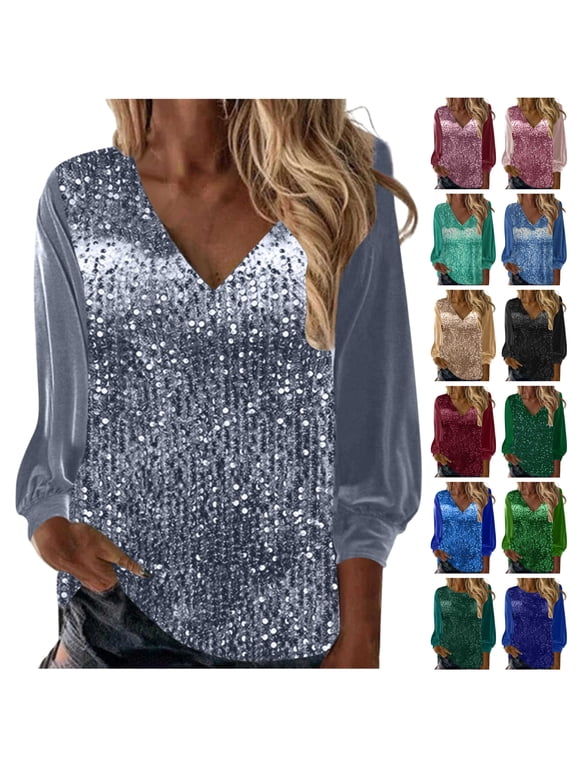 Womens Sparkly Sequin Tops 2025 New Year Eve Outfits Loose V Neck Long Sleeve Glitter Shirts Elegant Pullover Sparkle Blouse Sky Blue L Ofertas Flash Del Dia