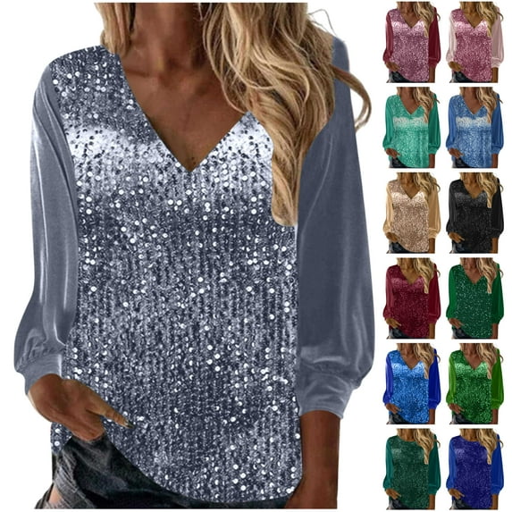 JURANMO Womens Sparkly Sequin Tops 2025 New Year Eve Outfits Loose V Neck Long Sleeve Glitter Shirts Elegant Pullover Sparkle Blouse Sky Blue S Deals of The Week