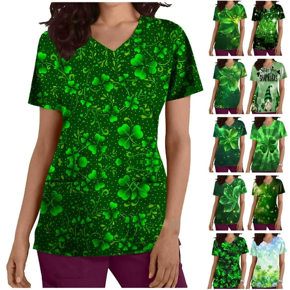 JURANMO Womens St Patricks Day Scrub Tops,Shamrock Scrub_Tops for Women,Women's St Patrick's Day Scrubs Tops Short Sleeve V Neck Irish Shamrock Stretchy Work Uniform Clothes 2025