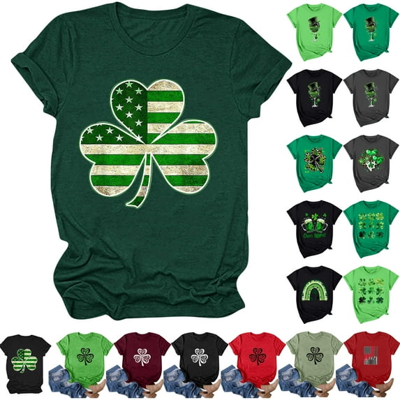JURANMO Womens St Patricks Day Shirts Luck Shamrock Graphic Tees Summer Short Sleeve Crewneck Tops Outfits Ladies Clover Tshirts Dark Gray L