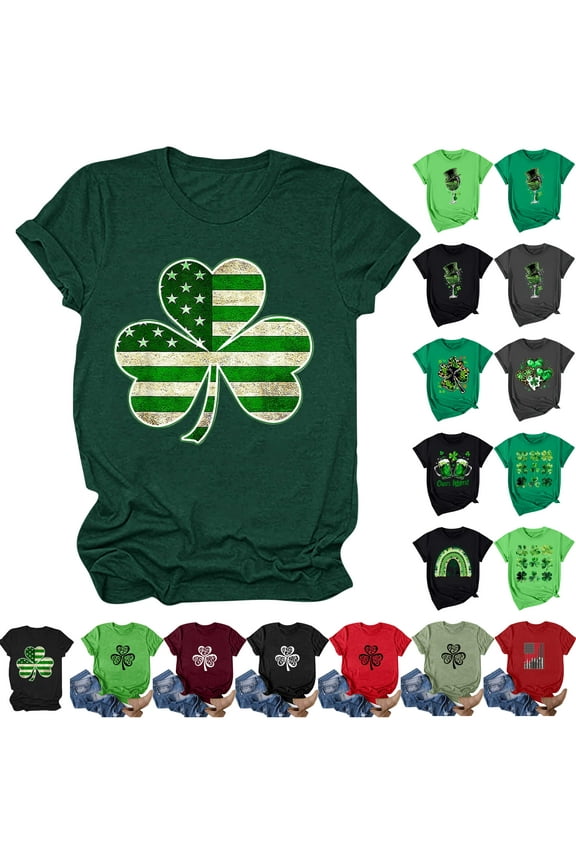 Womens St Patricks Day Shirts Lucky Shamrock Graphic Tees Summer Short Sleeve Crewneck Tops Outfits Ladies Clover Tshirts Green XL Sales of The Day