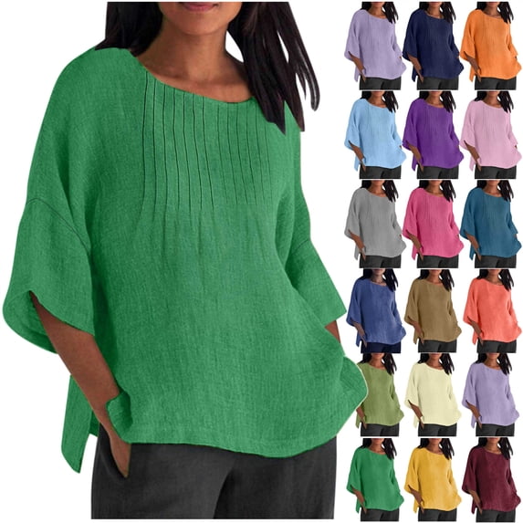 JURANMO Womens Summer Tops Casual Cotton Linen T-Shirts 3/4 Length Sleeve Crew Neck Pleated Front Side Slit Plus Size Blouse Tunic Wine XXXL Weekly Prime