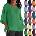 thumbnail image 1 of JURANMO Womens Summer Tops Casual Cotton Linen T-Shirts 3/4 Length Sleeve Crew Neck Pleated Front Side Slit Plus Size Blouse Tunics Blue XXXXL 90% off Clearance Sale, 1 of 6