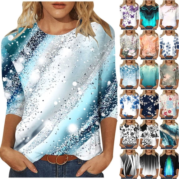 JURANMO Womens T Shirts, 2025 Summer 3/4 Sleeve Tops Casual Round Neck Cotton Tees Fashion Print Beach Vacation Clothes Limited Time Sale Blue L