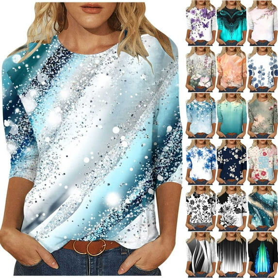 JURANMO Womens T Shirts, 2025 Summer 3/4 Sleeve Tops Casual Round Neck Cotton Tees Fashion Print Beach Vacation Clothes Prime Today Blue XXXL