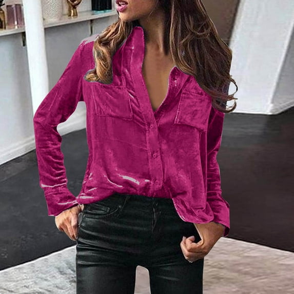 JURANMO Womens Velvet Long Sleeve Shirts Retro,Women's Ladies 2024 Trendy Loose Cozy Velours Button Down Tops Casual Solid Color Lapel Collar T-Shirts Blouses with Pockets