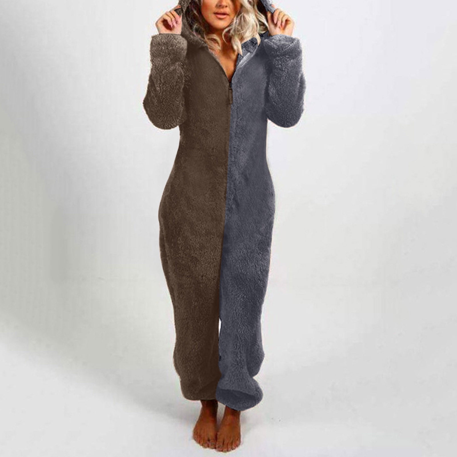 JURANMO Womens Winter Warm Hooded Fleece Sherpa Jumpsuits,2024 Women Long Sleeve Trendy Contrast Color Patchwork Full Zip Jumpsuit Pajamas with Two Cute Ears Casual Plus Size Rompe Sleepwear
