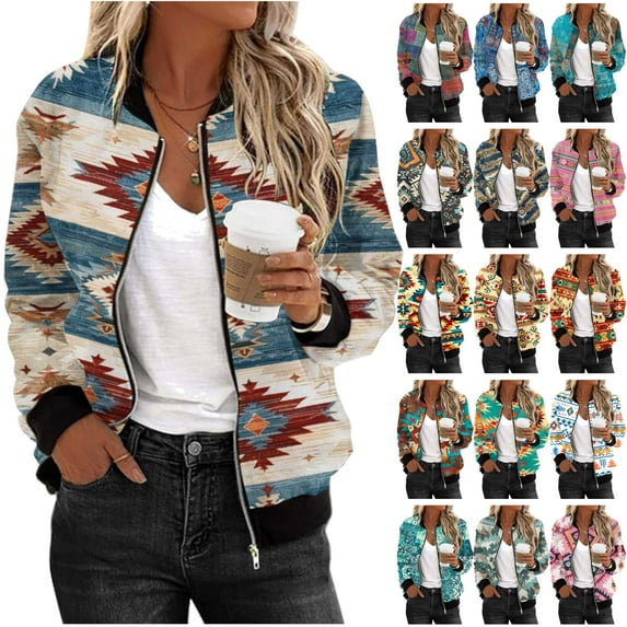 JURANMO Zip Up Sweatshirts Jackets with Pockets for Women Long Sleeve Casual Loose Bomber Jacket Vintage Ethnic Print Flight Jacket Outwear Khaki S Prime By Hour