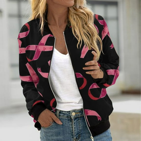 JURANMO Zip Up Jackets for Women Pink Ribbon Print Breast Cancer Bomber Jacket Long Sleeve Casual Fall Outerwear Pink M