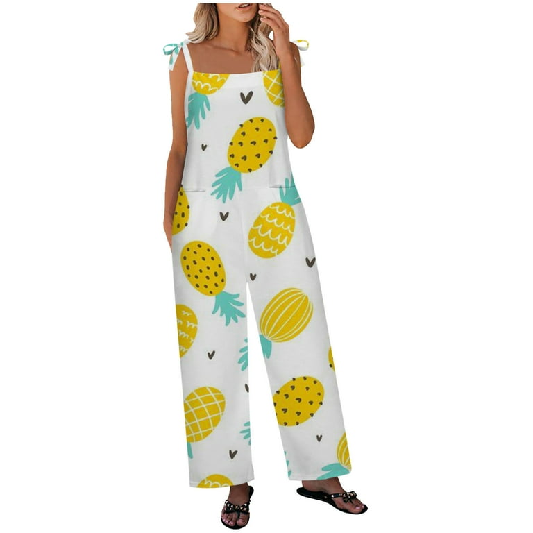 JURANNMO Vintage Cartoon Print Jumpsuit for Women Casual Adjustable Strappy Graphic Overalls Comfy Wide Leg Jumpsuits with Pockets