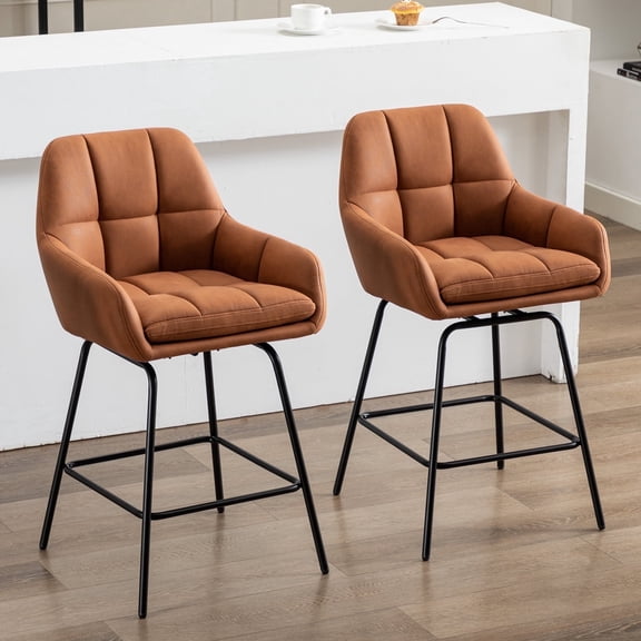 BRILHAMEZ 26.3" Counter Height Bar Stools , Tufted Faux Leather Swivel Bar Chairs with Backrest for Kitchen Island, Brown (Set of 2)