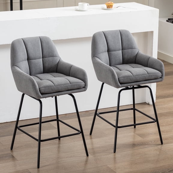 BRILHAMEZ 26.3" Counter Height Bar Stools , Tufted Faux Leather Swivel Bar Chairs with Backrest for Kitchen Island, Gray (Set of 2)