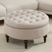 BRILHAMEZ 31.5" Round Oversized Storage Ottoman, Linen Cocktail Coffee Table with Reversible Flip-Top Lid for Living Room, Light Brown