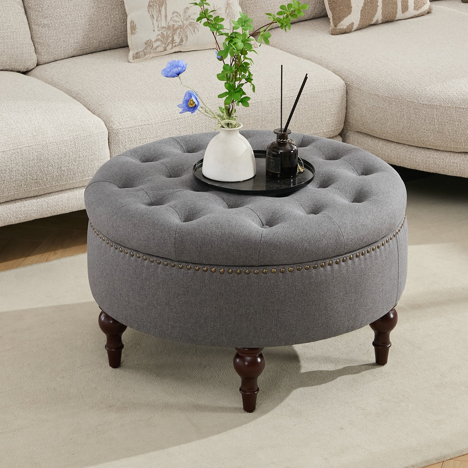 JURANYAZHU 31.5 Inch Oversized Storage Ottoman, Upholstered Storage Seat, with Reversible Lid, Multifunctional As a Coffee Table, Linen Fabric, for Living room,Bedroom,Dark Gray