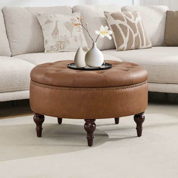 JURANYAZHU 31.5 Inch Oversized Storage Ottoman, Upholstered Storage Seat, with Reversible Lid, Multifunctional As a Coffee Table, PU Fabric, for Living room,Bedroom,Brown