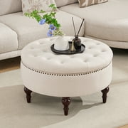 BRILHAMEZ 31.5" Round Oversized Storage Ottoman, Linen Cocktail Coffee Table with Reversible Flip-Top Lid for Living Room, Beige