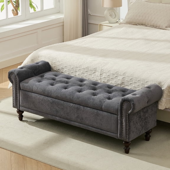 BRILHAMEZ 58" Button Tufted Storage Bench with Rolled Arms, Linen Upholstered Design, Nailhead Trim for Bedroom Living Room, Dark Gray