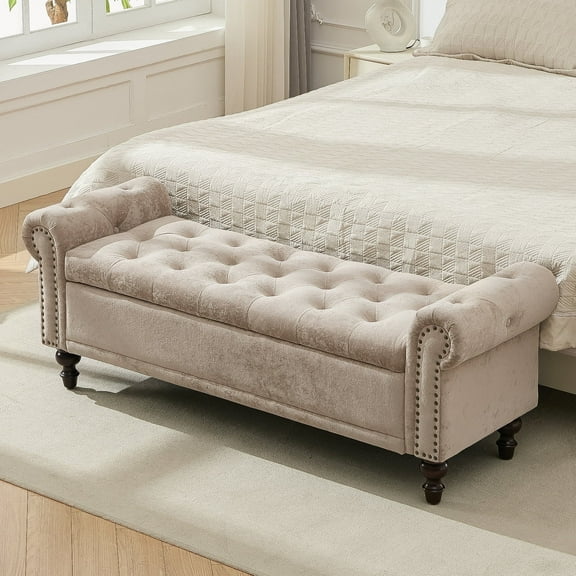 JURANYAZHU 58.1" Large Upholstered Velvet Storage Ottoman Bench, End of Bed Storage Bench with Rolled Arms for Bedroom,Khaki