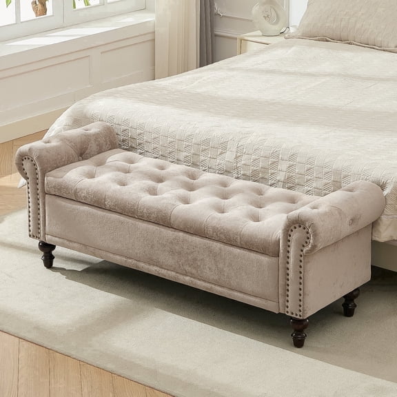 BRILHAMEZ 58" Button Tufted Storage Bench with Rolled Arms, Linen Upholstered Ottoman with Nailhead Trim for End of Bed,Brown
