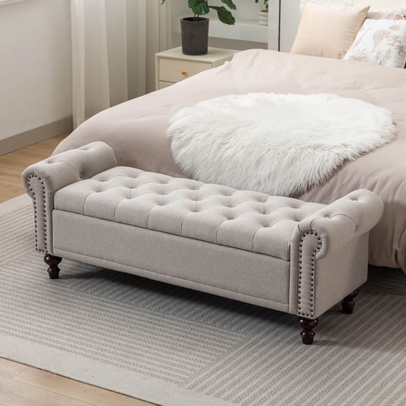 BRILHAMEZ 58" Button Tufted Storage Bench with Rolled Arms, Linen Upholstered Ottoman with Nailhead Trim for End of Bed, Brown