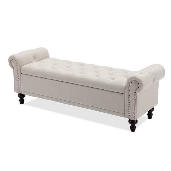BRILHAMEZ 58" Button Tufted Storage Bench with Rolled Arms, Linen Upholstered Ottoman with Nailhead Trim for End of Bed, Beige