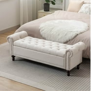"59"" Beige Upholstered Storage Bench with 2 Throw Pillows for Bedroom ...