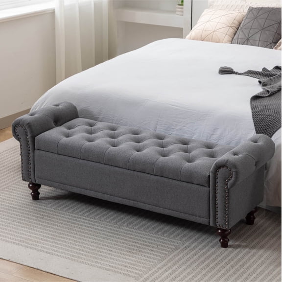 BRILHAMEZ 58" Button Tufted Storage Bench with Rolled Arms, Linen Upholstered Ottoman with Nailhead Trim for End of Bed, Gray