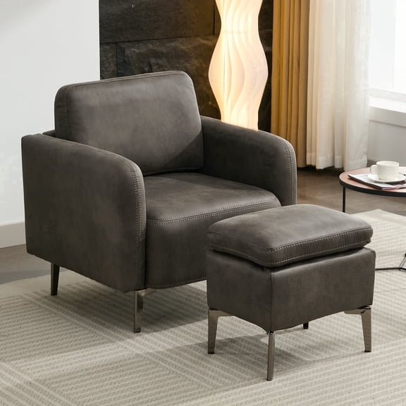 BRILHAMEZ Faux Leather Accent Chair with Ottoman Set, Modern Upholstered Lounge Armchair for Living Room & Bedroom, Gray