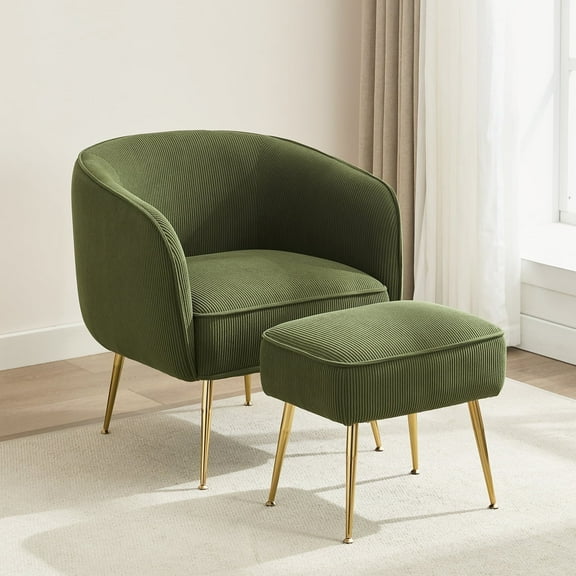 JURANYAZHU Corduroy Barrel Chair, Accent Chair with Ottoman, Upholstered Armchair for Living Room Bedroom, Green