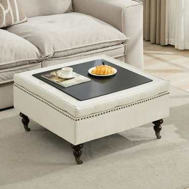 JURANYAZHU 31.5 Storage Ottoman Footstool Tufted Upholstered Square Coffee Table Ottomans with Hidden Storage for Living Room ,Beige