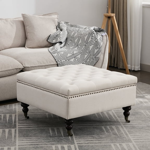 BRILHAMEZ Storage Ottoman Bench, Tufted Upholstered Seat with Hidden Storage, Multi-Functional Coffee Table and Foot Rest for Living Room, Beige