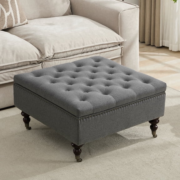 BRILHAMEZ Modern Linen Fabric Storage Ottoman Bench, Button Tufted Coffee Table Footrest Stool with Hidden Storage for Living Room and Bedroom, Gray