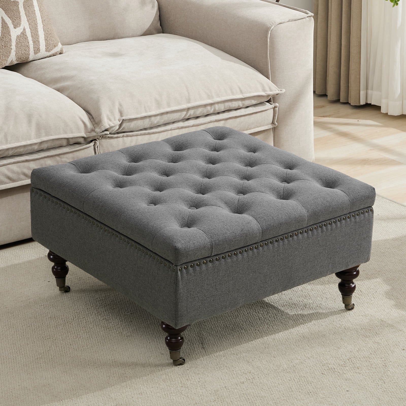BRILHAMEZ Storage Ottoman Bench, Tufted Upholstered Seat with Hidden Storage, Multi-Functional Coffee Table and Foot Rest for Living Room, Gray
