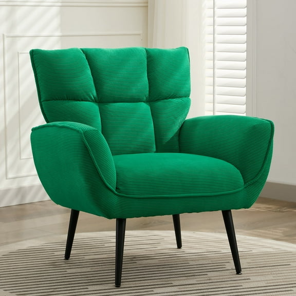 JURANYAZHU Mid Century Modern Accent Chair, Corduroy Upholstered Wingback Armchair with Metal Tapered Legs for Living Room, Bedroom, Office, Green