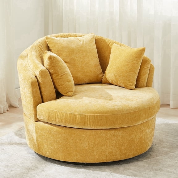 BRILHAMEZ Modern Oversized 360° Swivel Accent Chair, Cozy Lambswool Fabric Round Cuddle Chair Single Sofa Lounge Chair for Living Room and Bedroom,Yellow