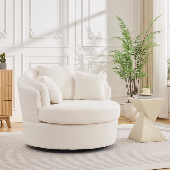 BRILHAMEZ Modern Oversized 360° Swivel Accent Chair, Lambswool Fabric Round Cuddle Chair Single Sofa Lounge Chair for Living Room, White